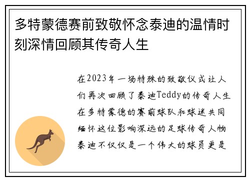 多特蒙德赛前致敬怀念泰迪的温情时刻深情回顾其传奇人生