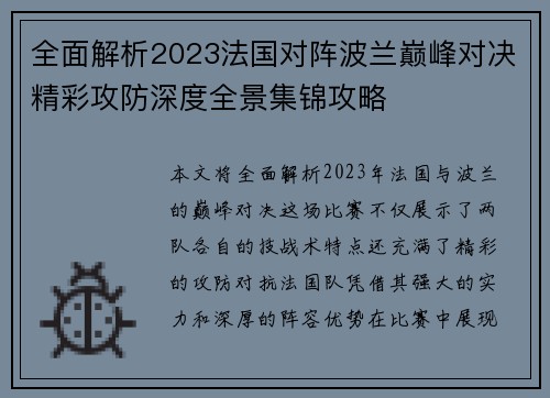 全面解析2023法国对阵波兰巅峰对决精彩攻防深度全景集锦攻略